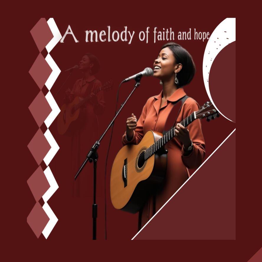 A woman singing and praying with a guitar, set against a warm, inviting background. The poster conveys faith, music, and inspiration in a simple, uplifting design.