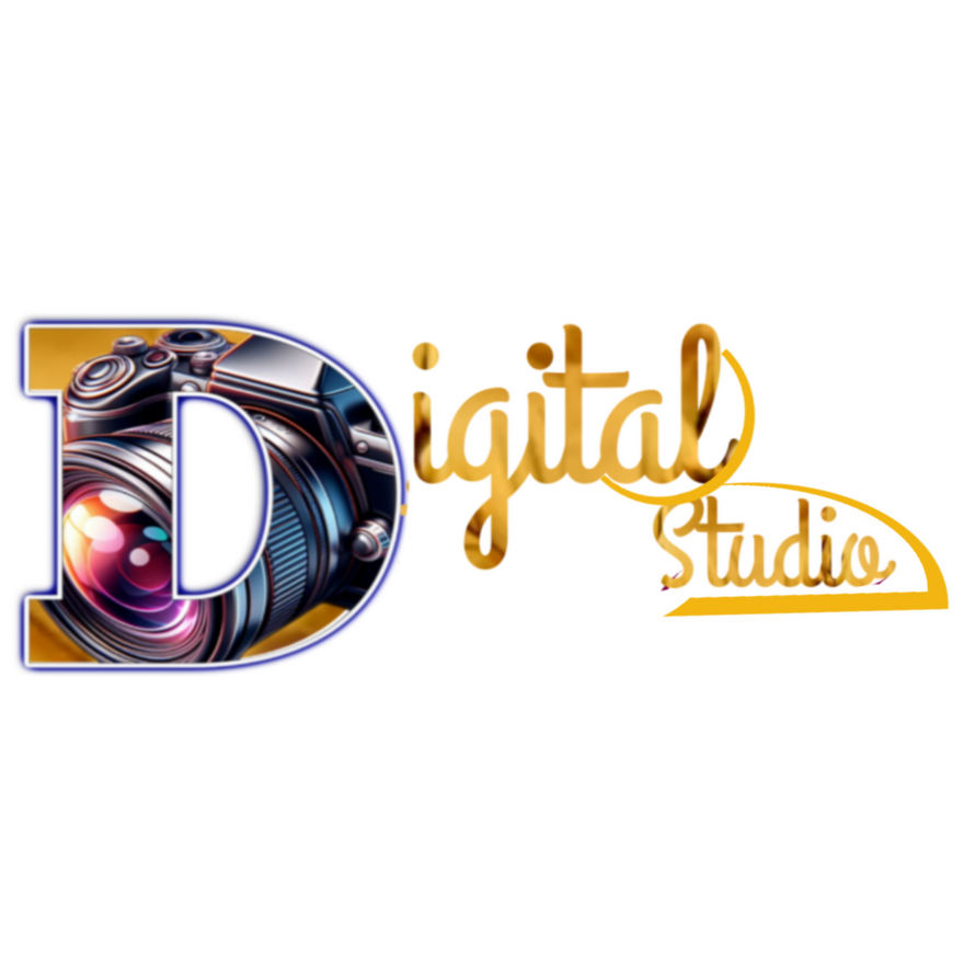 A letter-type logo for Digital Studio, featuring the letter D with a camera icon integrated inside. The design symbolizes photography, creativity, and modern digital media in a clean and professional style.