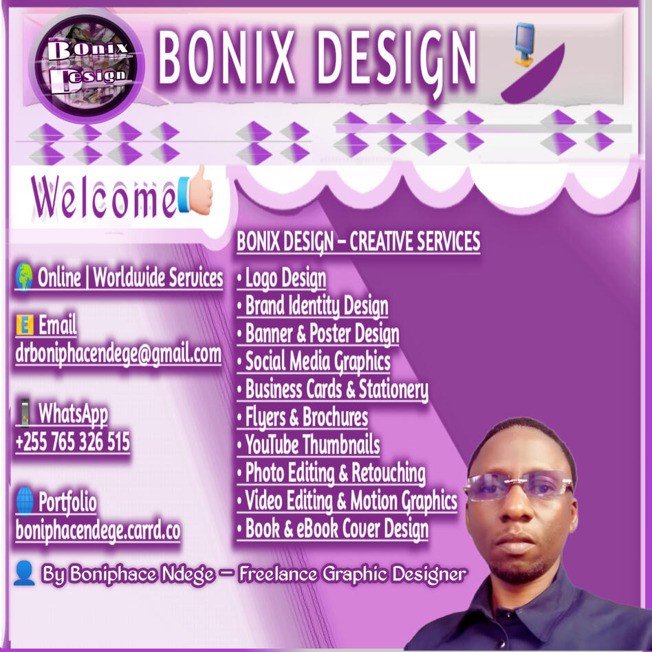 Designed by Boniphace Ndege –Professional Freelance Graphic Designer Helping brands and individuals communicate visually with confidence and creativity. 🌍 Available worldwide 📩 Let’s bring your idea to life